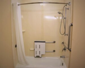 Bathtub with grab bars and fold-down seat
