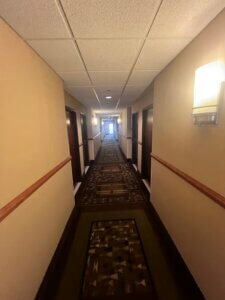 Dim hotel corridor with patterned runner carpet