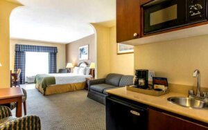 Open-plan hotel room with kitchenette and sofa